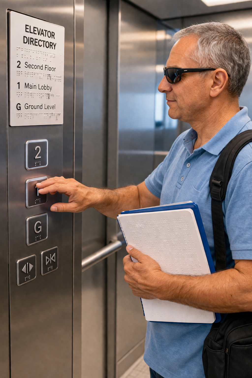 a man reading the elevator floors that are written in braille