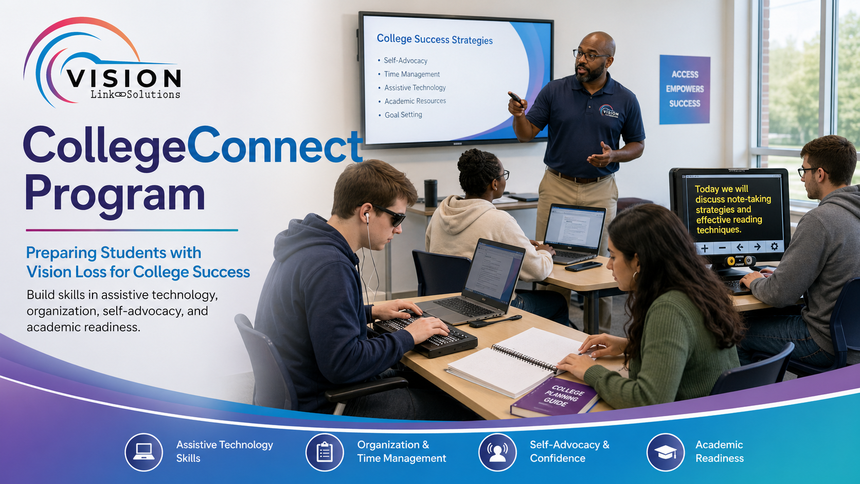 Image of the CollegeConnect program being taught in a classroom talking about the topic of College Success Strategies