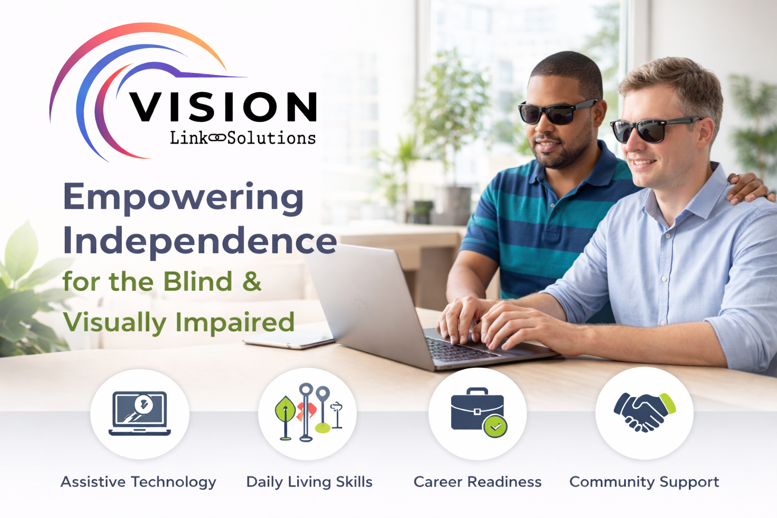 Image of two men wearing dark shades working on a computer.