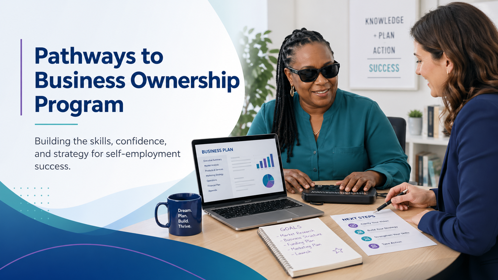 image shows an individual learning  how to write a business plan from her instructor