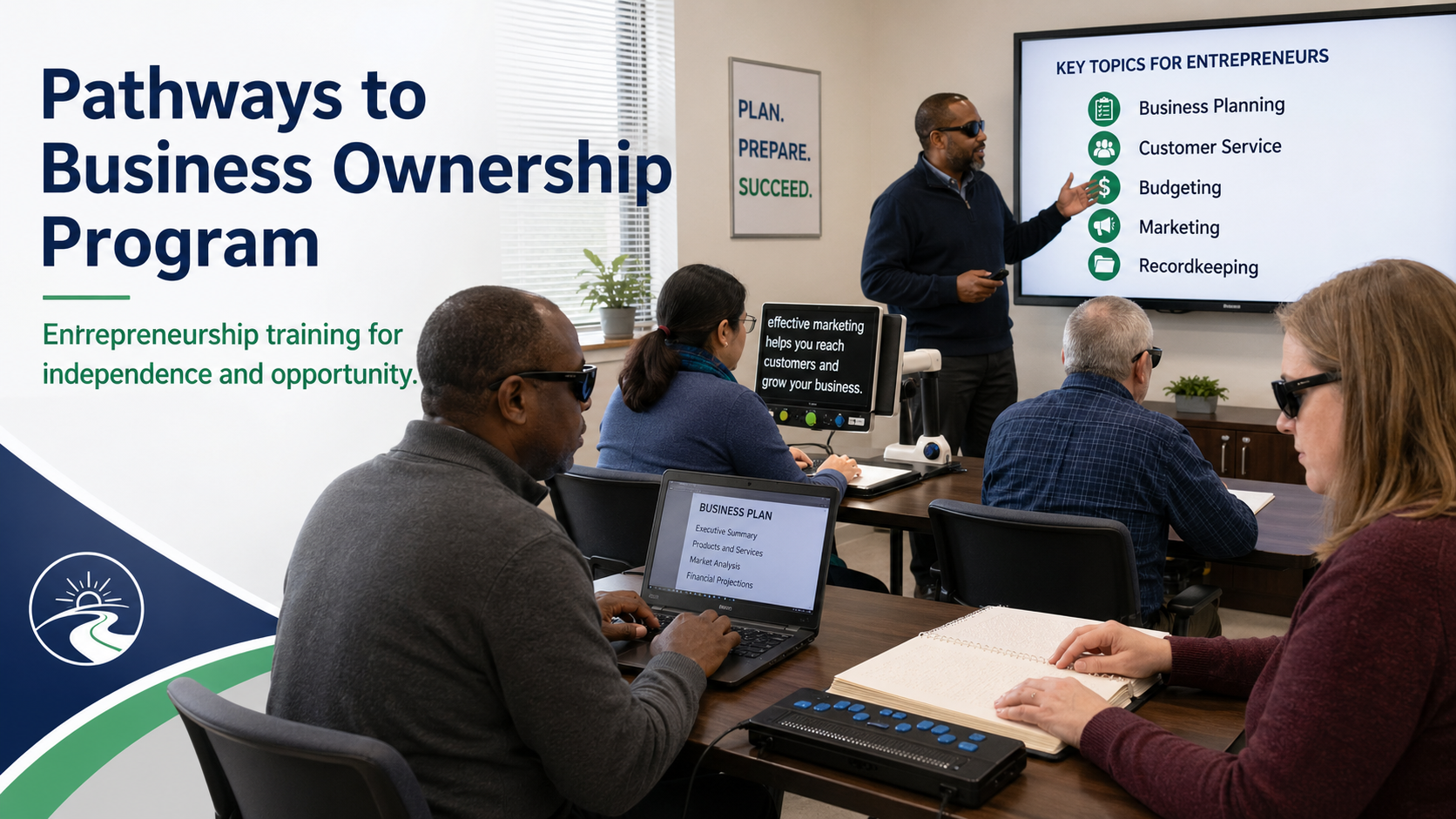 image show a classroom of students learning about the key topics for entrepreneurs