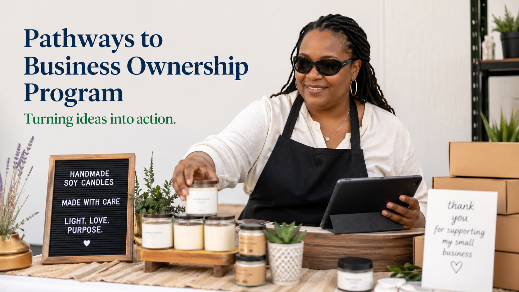 Image shows a lady selling soy candles in a boutique