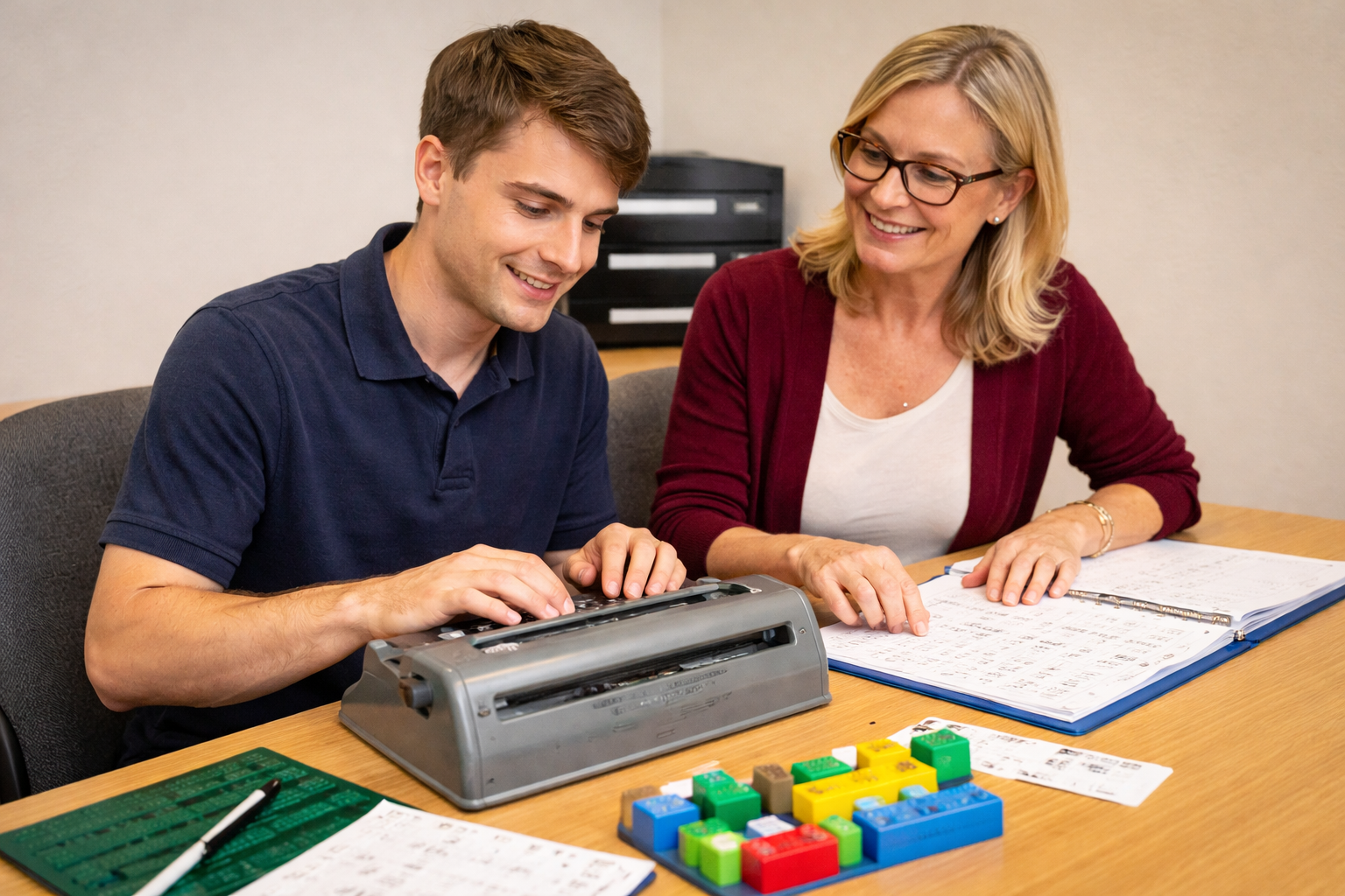 a gentleman learning braille with a Perkins Brailler and an instructor