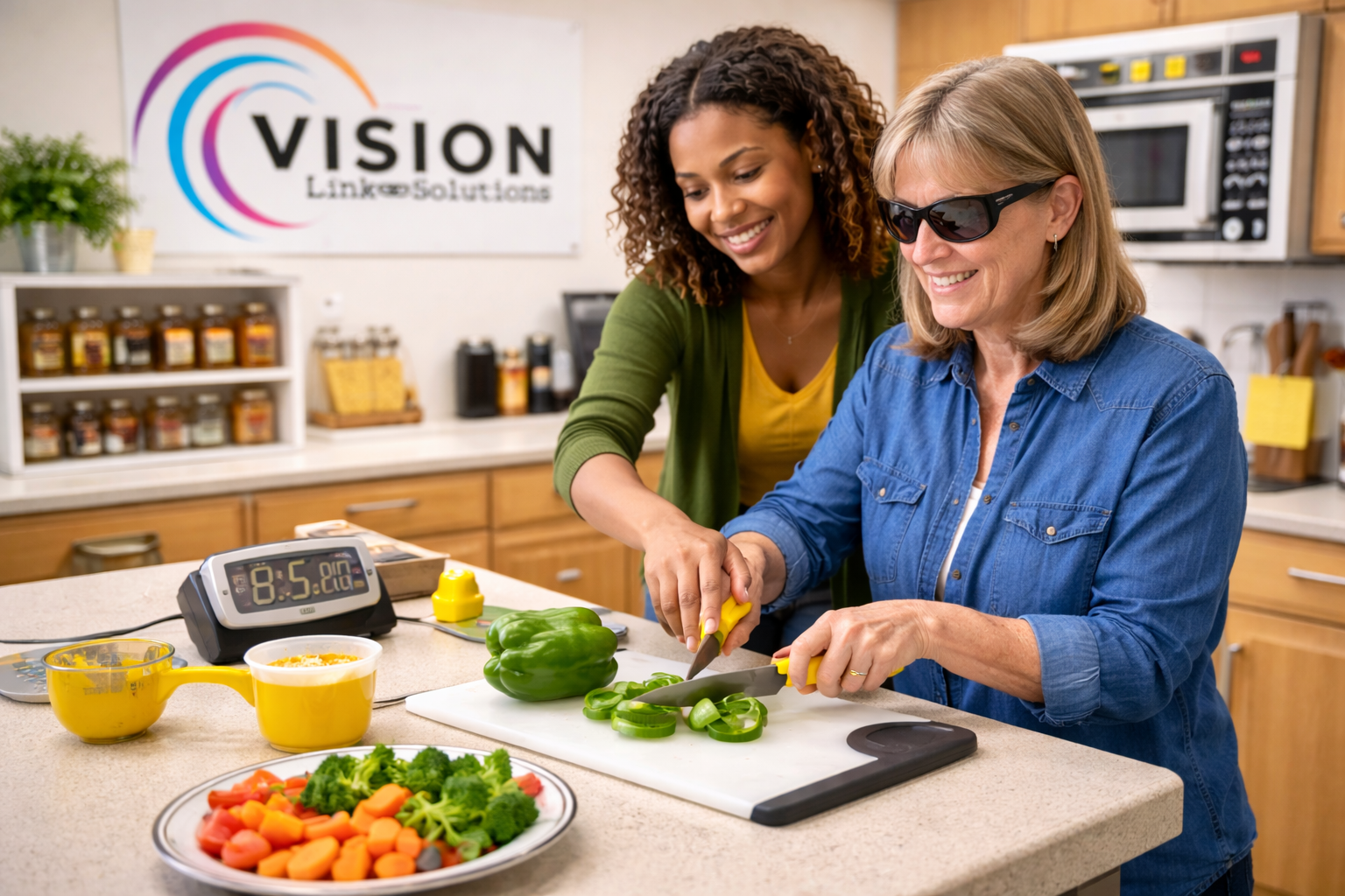 Vision rehabilitation training in action. An instructor teaching an individual techniques for using a knife in the kitchen. 